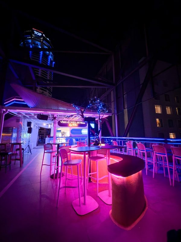 Rooftop bar with city lights at night
